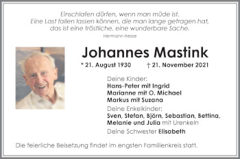 Traueranzeige von Johannes Mastink von Allgäuer Zeitung, Kaufbeuren/Buchloe