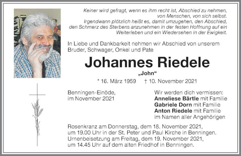  Traueranzeige für Johannes Riedele vom 17.11.2021 aus Memminger Zeitung