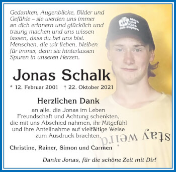 Traueranzeige von Jonas Schalk von Allgäuer Zeitung, Kaufbeuren/Buchloe