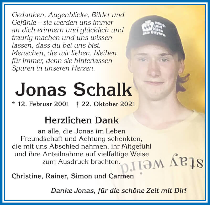  Traueranzeige für Jonas Schalk vom 13.11.2021 aus Allgäuer Zeitung, Kaufbeuren/Buchloe