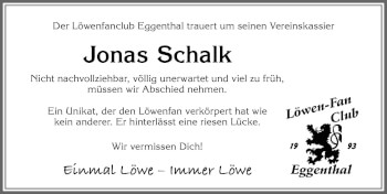 Traueranzeige von Jonas Schalk von Allgäuer Zeitung, Kaufbeuren/Buchloe