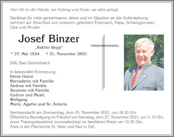 Traueranzeige von Josef Binzer von Memminger Zeitung