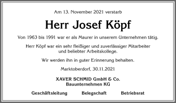 Traueranzeige von Josef Köpf von Allgäuer Zeitung, Marktoberdorf
