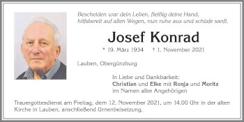 Traueranzeige von Josef Konrad von Allgäuer Zeitung,Kempten