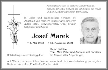 Traueranzeige von Josef Marek von Allgäuer Anzeigeblatt