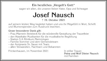 Traueranzeige von Josef Nausch von Memminger Zeitung