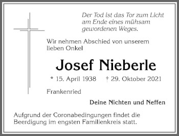 Traueranzeige von Josef Nieberle von Allgäuer Zeitung, Kaufbeuren/Buchloe