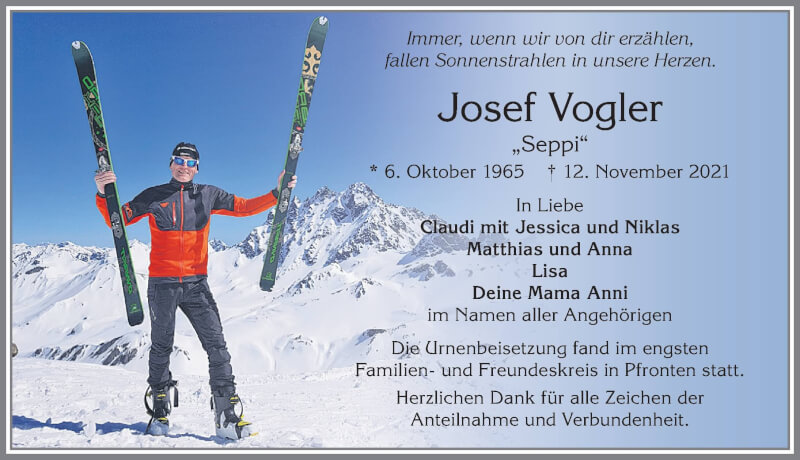  Traueranzeige für Josef Vogler vom 20.11.2021 aus Allgäuer Zeitung, Füssen