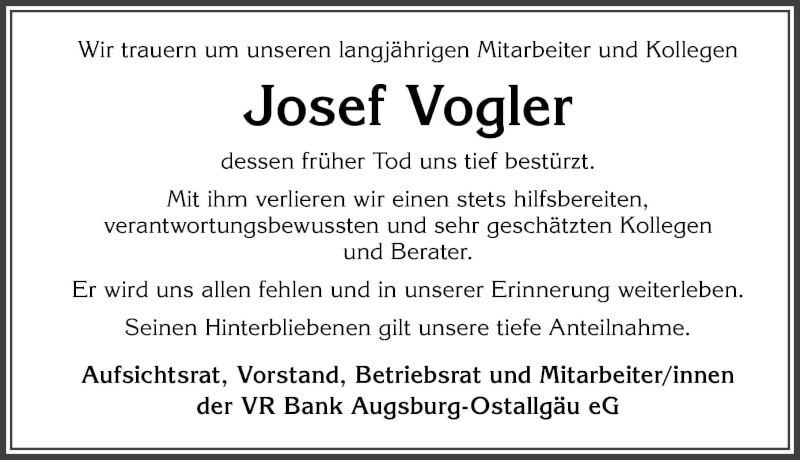  Traueranzeige für Josef Vogler vom 20.11.2021 aus Allgäuer Zeitung, Füssen