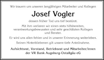 Traueranzeige von Josef Vogler von Allgäuer Zeitung, Füssen