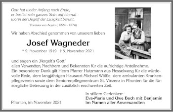 Traueranzeige von Josef Wagneder von Allgäuer Zeitung, Füssen