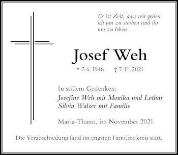 Traueranzeige von Josef Weh von Der Westallgäuer