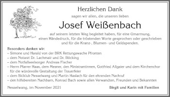 Traueranzeige von Josef Weißenbach von Allgäuer Zeitung, Füssen