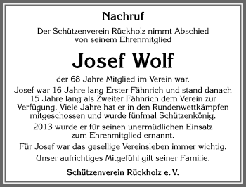 Traueranzeige von Josef Wolf von Allgäuer Zeitung, Füssen