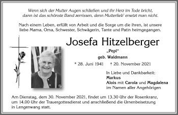 Traueranzeige von Josefa Hitzelberger von Allgäuer Zeitung, Marktoberdorf
