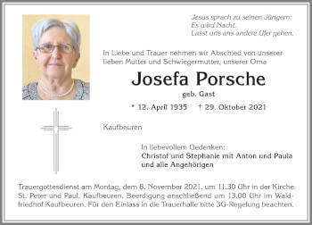 Traueranzeige von Josefa Porsche von Allgäuer Zeitung, Kaufbeuren/Buchloe