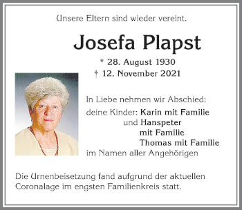 Traueranzeige von Josefa Plapst Plapst von Allgäuer Zeitung,Kempten