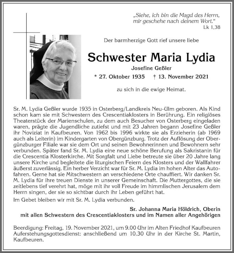  Traueranzeige für Josefine Geßler vom 17.11.2021 aus Allgäuer Zeitung