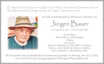Traueranzeige von Jürgen Bauer von Allgäuer Zeitung, Füssen
