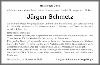 Traueranzeige von Jürgen Schmetz von Allgäuer Zeitung