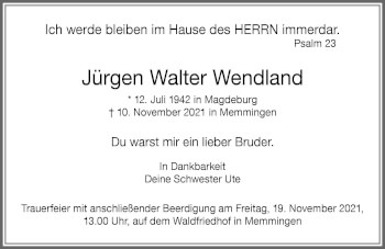 Traueranzeige von Jürgen Walter Wendland von Memminger Zeitung