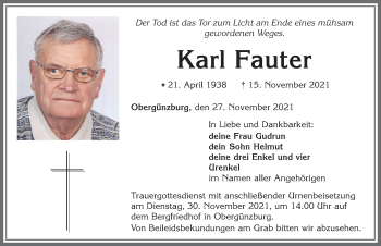 Traueranzeige von Karl Fauter von Allgäuer Zeitung, Marktoberdorf