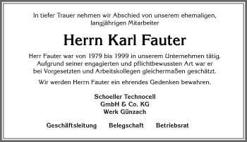 Traueranzeige von Karl Fauter von Allgäuer Zeitung, Marktoberdorf