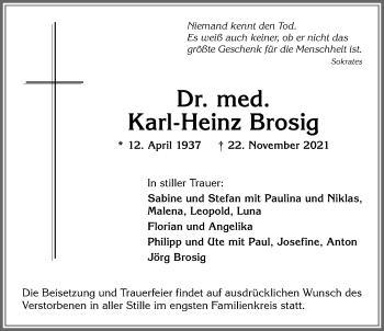 Traueranzeige von Karl-Heinz Brosig von Allgäuer Anzeigeblatt