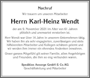 Traueranzeige von Karl-Heinz Wendt von Allgäuer Zeitung