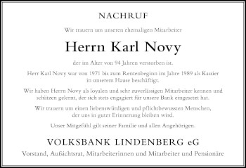Traueranzeige von Karl Novy von Der Westallgäuer