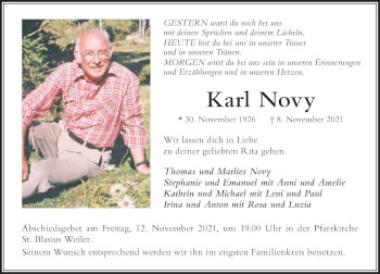 Traueranzeige von Karl Novy von Der Westallgäuer