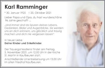 Traueranzeige von Karl Ramminger von Allgäuer Zeitung, Kaufbeuren/Buchloe