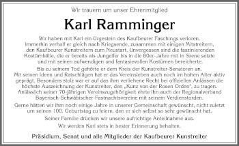 Traueranzeige von Karl Ramminger von Allgäuer Zeitung, Kaufbeuren/Buchloe