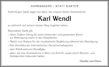 Traueranzeige von Karl Wendl von Allgäuer Anzeigeblatt