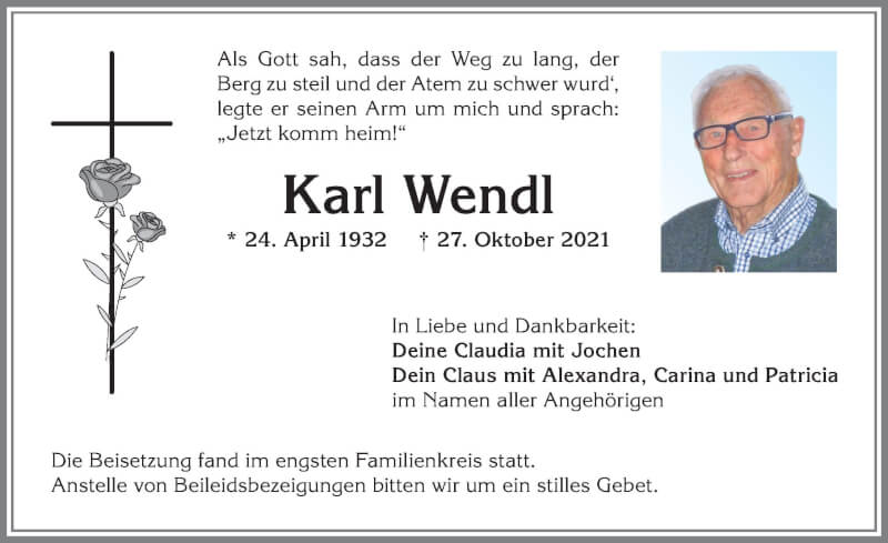  Traueranzeige für Karl Wendl vom 06.11.2021 aus Allgäuer Anzeigeblatt