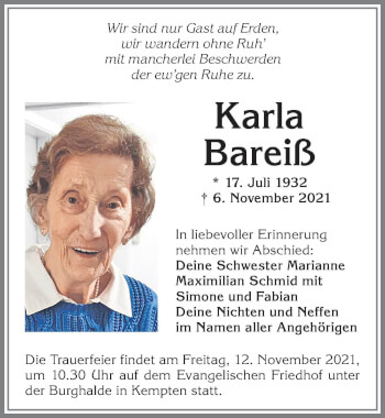 Traueranzeige von Karla Bareiß von Allgäuer Zeitung,Kempten