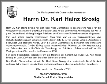 Traueranzeige von Karl Heinz Brosig von Allgäuer Anzeigeblatt