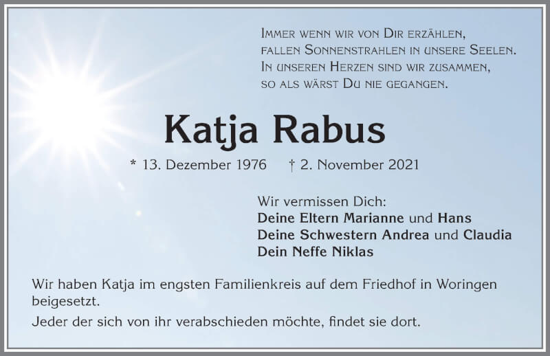  Traueranzeige für Katja Rabus vom 20.11.2021 aus Memminger Zeitung