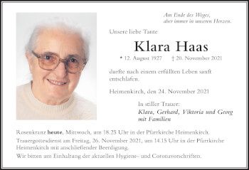 Traueranzeige von Klara Haas von Der Westallgäuer