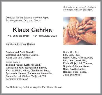 Traueranzeige von Klaus Gehrke von Allgäuer Anzeigeblatt