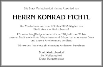 Traueranzeige von Konrad Fichtl von Allgäuer Zeitung, Marktoberdorf