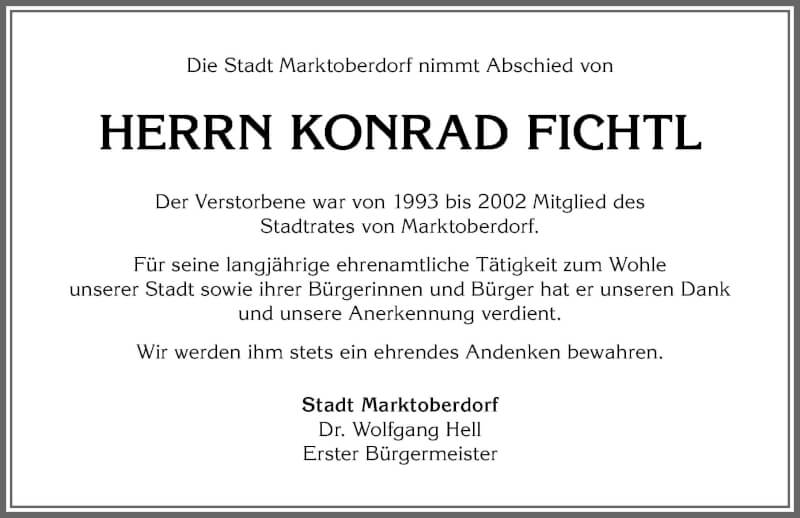  Traueranzeige für Konrad Fichtl vom 13.11.2021 aus Allgäuer Zeitung, Marktoberdorf