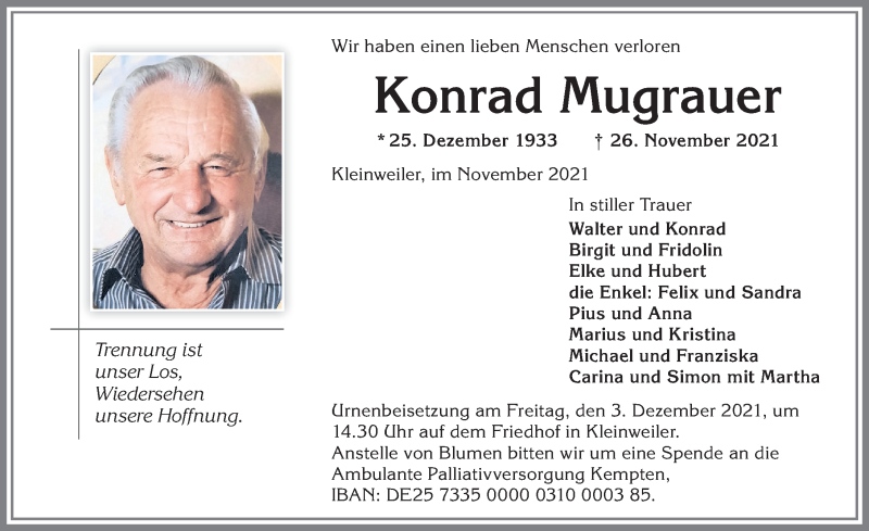  Traueranzeige für Konrad Mugrauer vom 30.11.2021 aus Allgäuer Zeitung,Kempten