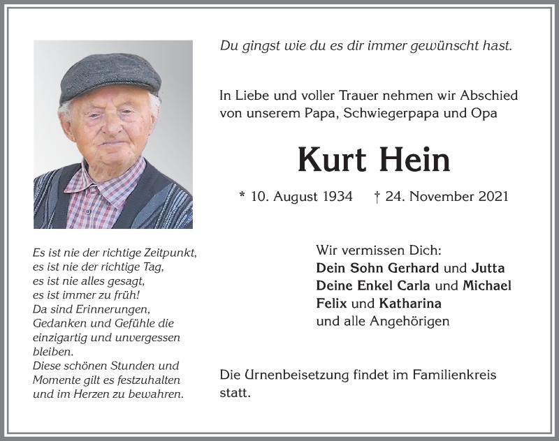  Traueranzeige für Kurt Hein vom 30.11.2021 aus Allgäuer Zeitung,Kempten