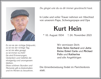 Traueranzeige von Kurt Hein von Allgäuer Zeitung,Kempten