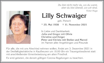 Traueranzeige von Lilly Schwaiger von Allgäuer Zeitung, Kaufbeuren/Buchloe