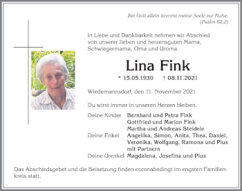 Traueranzeige von Lina Fink von Allgäuer Anzeigeblatt