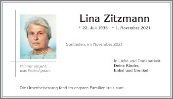 Traueranzeige von Lina Zitzmann von Allgäuer Anzeigeblatt