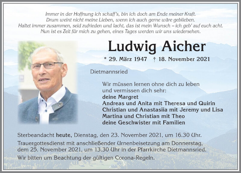  Traueranzeige für Ludwig Aicher vom 23.11.2021 aus Allgäuer Zeitung,Kempten