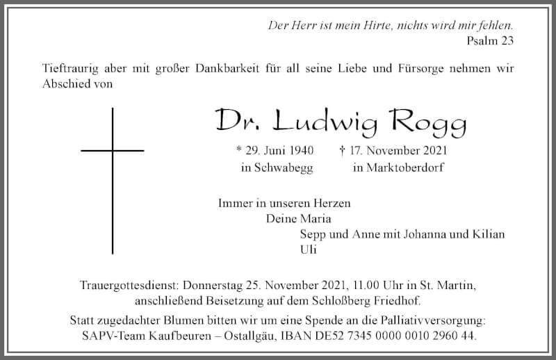  Traueranzeige für Ludwig Rogg vom 23.11.2021 aus Allgäuer Zeitung, Marktoberdorf